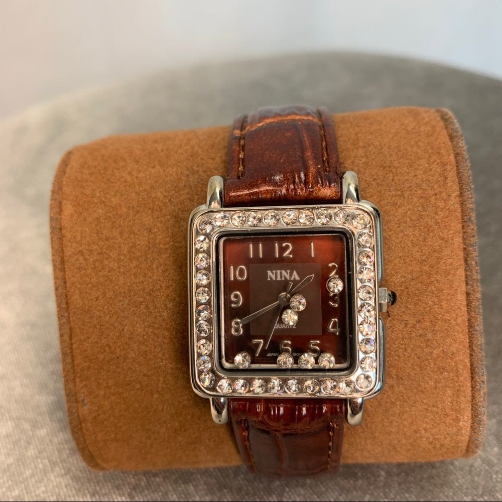 Nina Burgundy brown square cubic zirconia crystal rhinestone trim watch